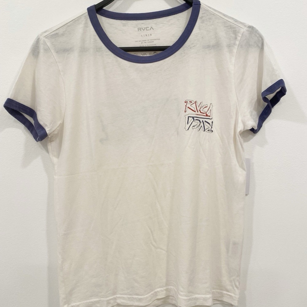 RVCA T-Shirt Ivory White Womens SZ Large Ringer Tee Retro Graphic Surf Skater T